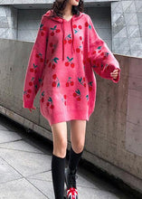 Load image into Gallery viewer, Women hooded drawstring Sweater dresses Street Style pink Cherry print Mujer sweater dress