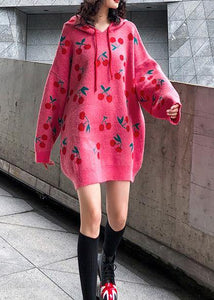 Women hooded drawstring Sweater dresses Street Style pink Cherry print Mujer sweater dress