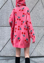 Load image into Gallery viewer, Women hooded drawstring Sweater dresses Street Style pink Cherry print Mujer sweater dress