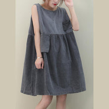 Load image into Gallery viewer, Women o neck Cinched Cotton dresses Fabrics denim gray Dresses