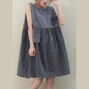 Women o neck Cinched Cotton dresses Fabrics denim gray Dresses