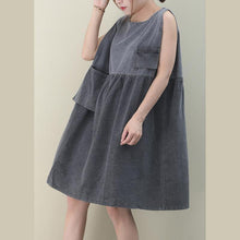 Load image into Gallery viewer, Women o neck Cinched Cotton dresses Fabrics denim gray Dresses