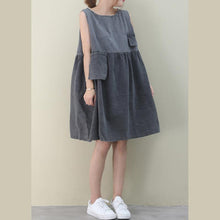 Load image into Gallery viewer, Women o neck Cinched Cotton dresses Fabrics denim gray Dresses