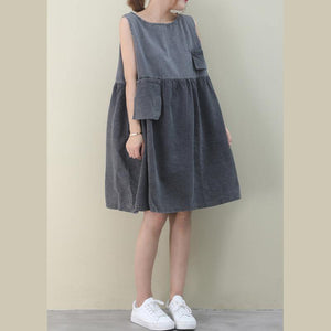 Women o neck Cinched Cotton dresses Fabrics denim gray Dresses