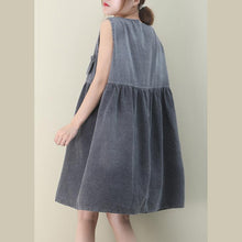 Load image into Gallery viewer, Women o neck Cinched Cotton dresses Fabrics denim gray Dresses