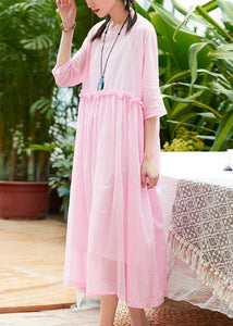 Women pink cotton linen Robes o neck patchwork A Line summer Dresses