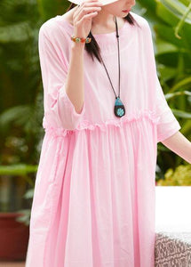 Women pink cotton linen Robes o neck patchwork A Line summer Dresses