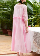 Load image into Gallery viewer, Women pink cotton linen Robes o neck patchwork A Line summer Dresses