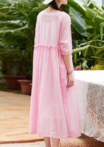 Women pink cotton linen Robes o neck patchwork A Line summer Dresses