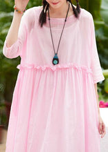 Load image into Gallery viewer, Women pink cotton linen Robes o neck patchwork A Line summer Dresses