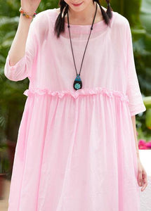 Women pink cotton linen Robes o neck patchwork A Line summer Dresses