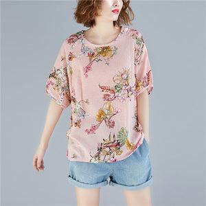 Women pink floral linen top silhouette Plus Size Outfits o neck Cinched tops