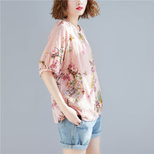 Load image into Gallery viewer, Women pink floral linen top silhouette Plus Size Outfits o neck Cinched tops