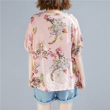 Load image into Gallery viewer, Women pink floral linen top silhouette Plus Size Outfits o neck Cinched tops