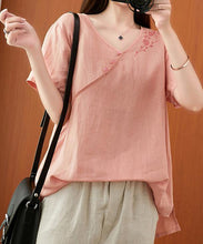 Load image into Gallery viewer, Women v neck clothes For Women Sleeve pink embroidery tops