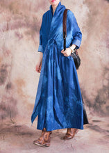 Load image into Gallery viewer, Women v neck tie waist cotton clothes denim blue A Line Dress fall