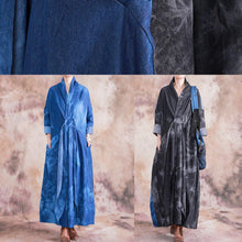 Load image into Gallery viewer, Women v neck tie waist cotton clothes denim blue A Line Dress fall