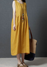 Load image into Gallery viewer, Yellow Patchwork Cotton Long Dress O Neck Wrinkled Sleeveless