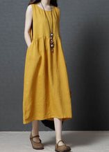 Load image into Gallery viewer, Yellow Patchwork Cotton Long Dress O Neck Wrinkled Sleeveless