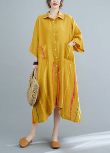 Yellow Peter Pan Collar Button Long Shirts Dress Half Sleeve