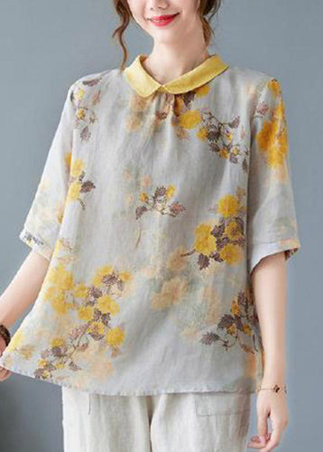 Yellow Peter Pan Collar Print Tops Half Sleeve