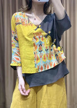 Load image into Gallery viewer, Yellow Print Patchwork Cotton Blouses Asymmetric V Neck Bracelet Sleeved