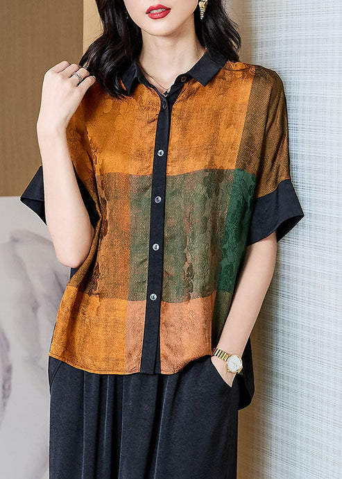 Yellow Print Patchwork Silk Blouses Peter Pan Collar Summer