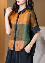 Load image into Gallery viewer, Yellow Print Patchwork Silk Blouses Peter Pan Collar Summer