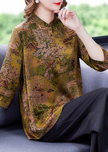 Load image into Gallery viewer, Yellow Print Silk Shirts Tops Stand Collar Button Summer