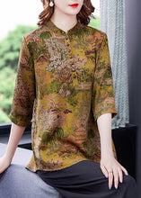 Load image into Gallery viewer, Yellow Print Silk Shirts Tops Stand Collar Button Summer