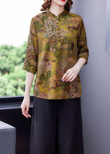 Load image into Gallery viewer, Yellow Print Silk Shirts Tops Stand Collar Button Summer