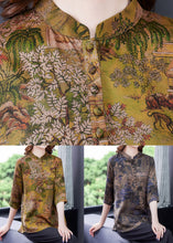 Load image into Gallery viewer, Yellow Print Silk Shirts Tops Stand Collar Button Summer