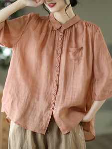 Women Spring Artsy Solid Button Embroidery Loose Ramie Shirt