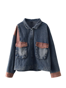 Women Spring Retro Patchwork Button Pocket Denim Coat