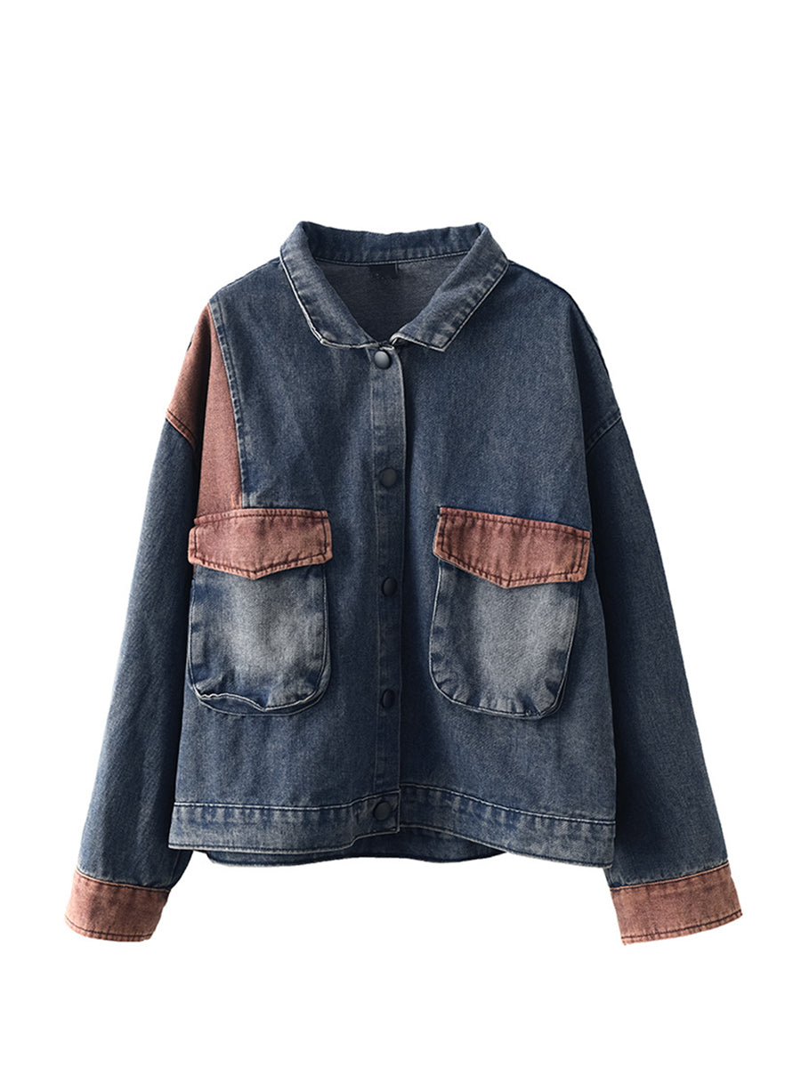 Women Spring Retro Patchwork Button Pocket Denim Coat