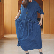 Load image into Gallery viewer, baggy denim blue long cotton linen dresses casual Turn-down Collar tie waist traveling dress fine long sleeve baggy dresses