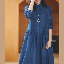 Load image into Gallery viewer, baggy denim blue long cotton linen dresses casual Turn-down Collar tie waist traveling dress fine long sleeve baggy dresses