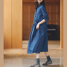 Load image into Gallery viewer, baggy denim blue long cotton linen dresses casual Turn-down Collar tie waist traveling dress fine long sleeve baggy dresses