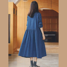 Load image into Gallery viewer, baggy denim blue long cotton linen dresses casual Turn-down Collar tie waist traveling dress fine long sleeve baggy dresses