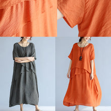 Load image into Gallery viewer, baggy gray long linen dresses oversized layered cotton maxi dress vintage short sleeve cotton clothing
