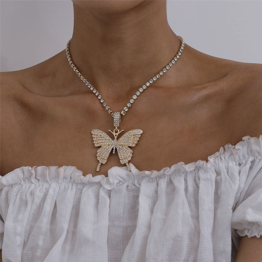 Butterfly pendant necklace rhinestones elegant with crystal chain