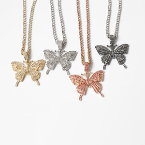 Butterfly pendant necklace rhinestones elegant with crystal chain