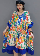 Load image into Gallery viewer, diy Blue wrinkled V Neck print Chiffon Dresses Summer