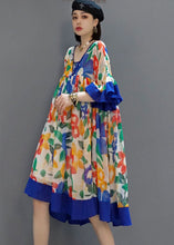 Load image into Gallery viewer, diy Blue wrinkled V Neck print Chiffon Dresses Summer