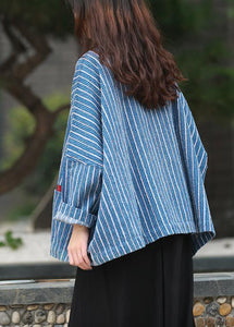 diy denim blue striped clothes For Women Gifts stand collar tops