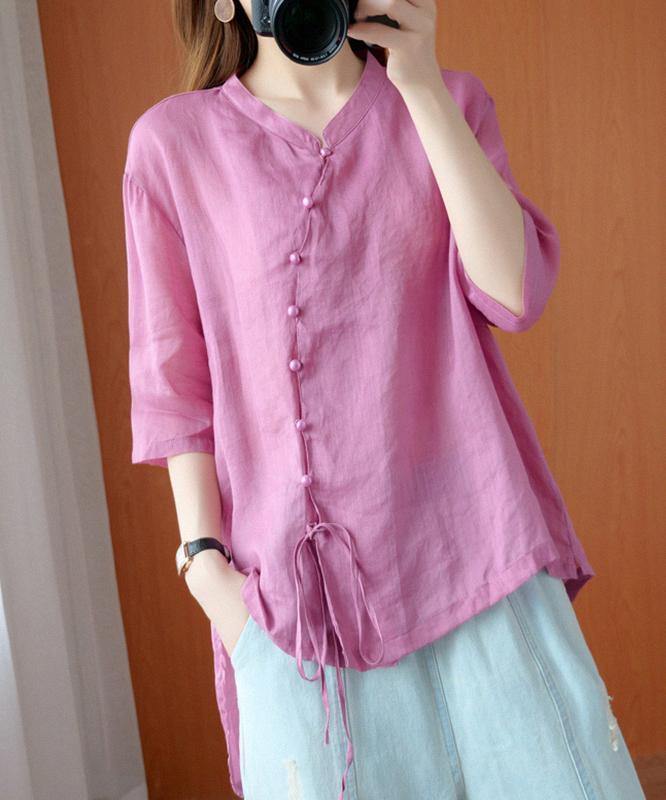 diy pink clothes For Women stand collar asymmetric blouse