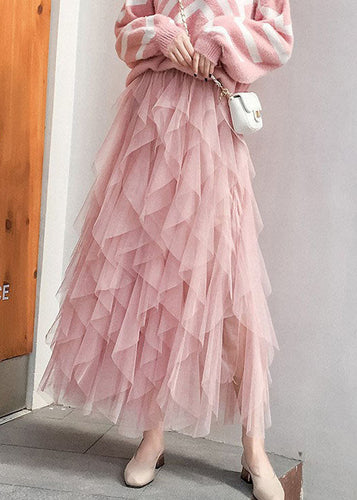 fashion Pink tulle pleated skirt Spring