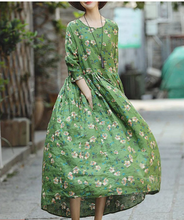 Load image into Gallery viewer, 2018 green print natural linen dress Loose fitting O neck linen clothing dresses 2018 Three Quarter sleeve baggy dresses