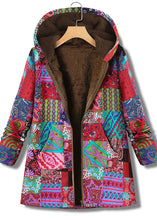 Load image into Gallery viewer, odern Red Hooded Print Zippered Patchwork Warm Fleece Coats Fall