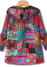 Load image into Gallery viewer, odern Red Hooded Print Zippered Patchwork Warm Fleece Coats Fall